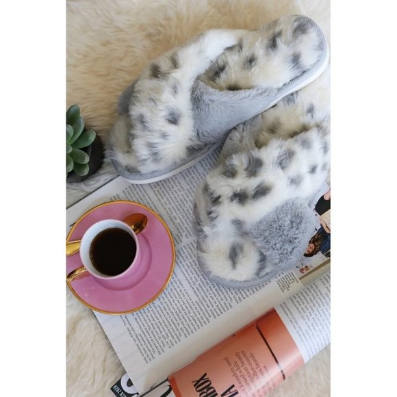 Fur Leopard Slippers Gray & White - Picture 11 of 12